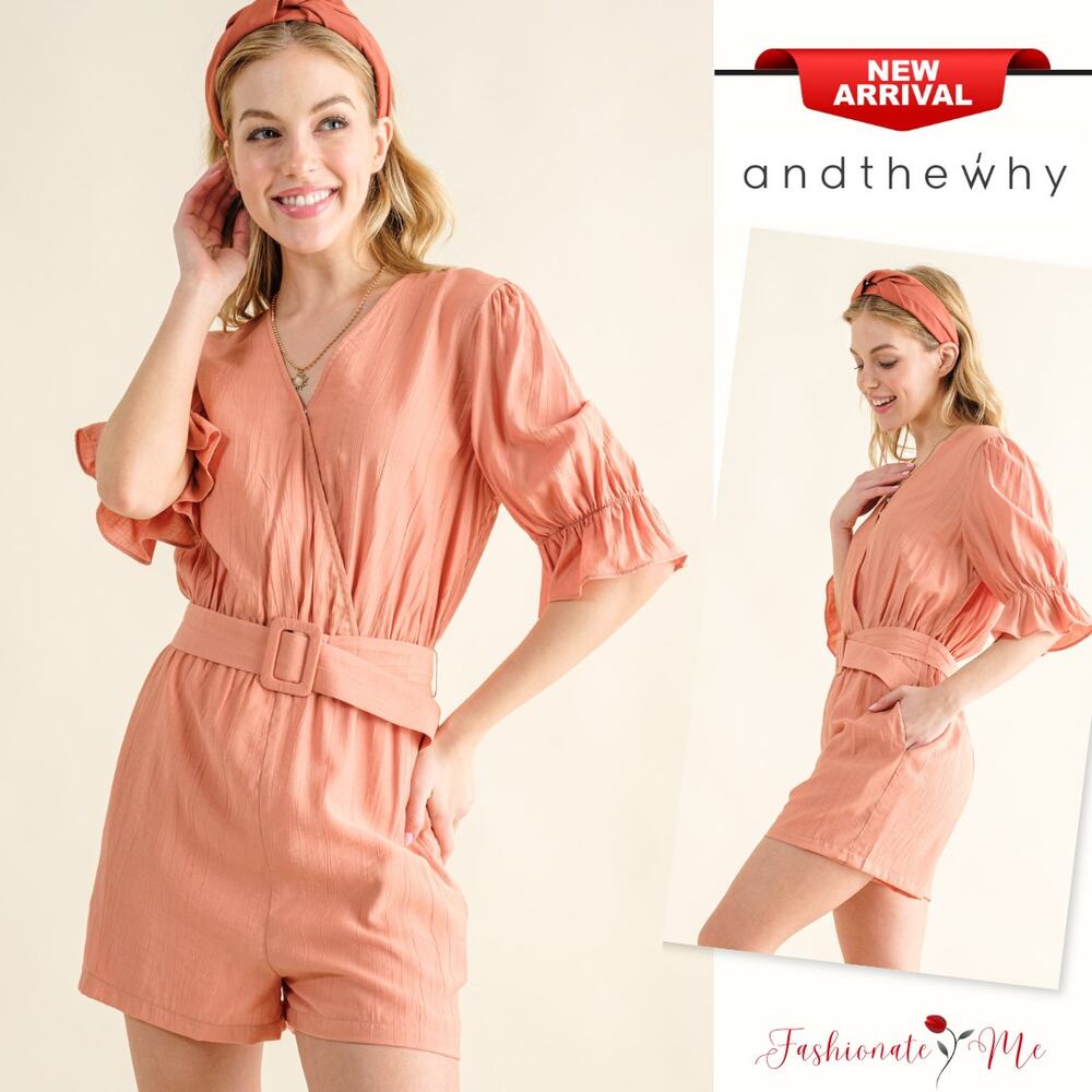 And The Why Half Flounce Sleeves Belt Detail V-Neck Summer Romper | Dusty Clay